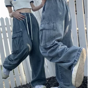 Retro Style Straight Leg Jeans For Female Niche Design, Loose And Multi Pocket Wide Leg Pants For Women's Jeans