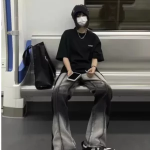 Spliced Jeans With Old Zippers, High Street Insets, Trendy Gradient Straight Tube Loose Wide Leg Pants, Children's Jeans