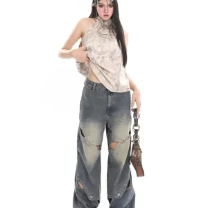 Small crowd deconstruction design sense jeans, high street wide leg pants, high-end floor long pants, trendy brand women's jeans