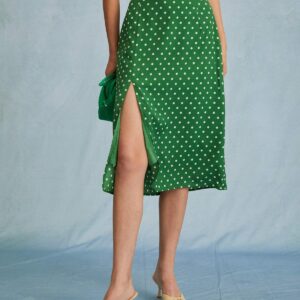 The Green High Waisted Polka Dot Slit Midi Skirt